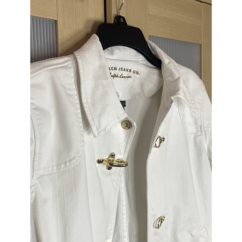 Ralph Lauren White Denim Jacket Nautical Utility L Equestrian Gold Buckle Luxury - Picture 3 of 10